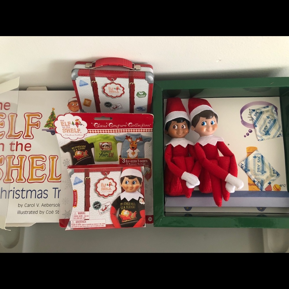 2 elf on a shelf + tin suitcase + 3 tees huge lot